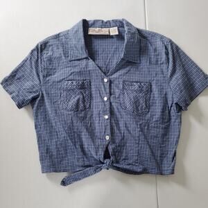 Vintage Western Pinup Shirt Womens Medium Blue Pearl Snap Crop Tie Short Sleeve